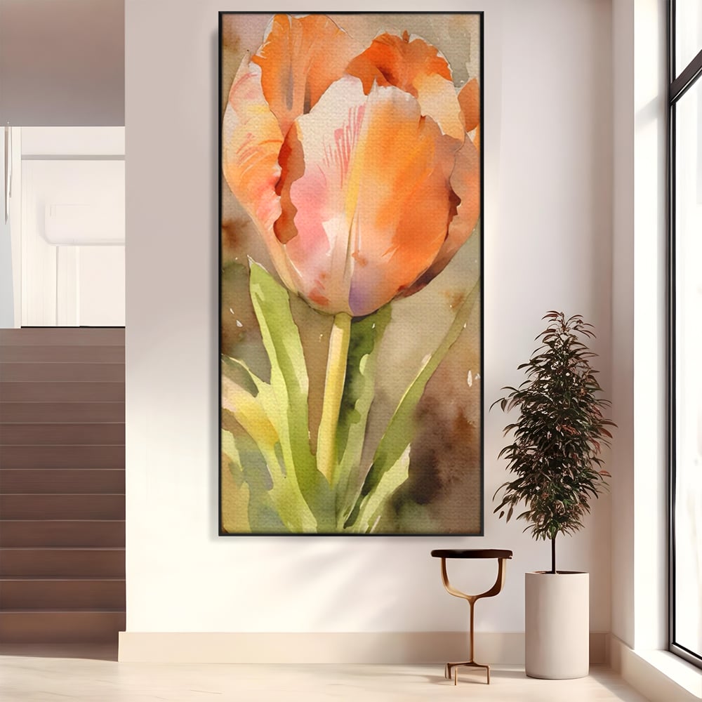 Tablou canvas cu pictura cu o lalea portocalie, in rama de aluminiu negru